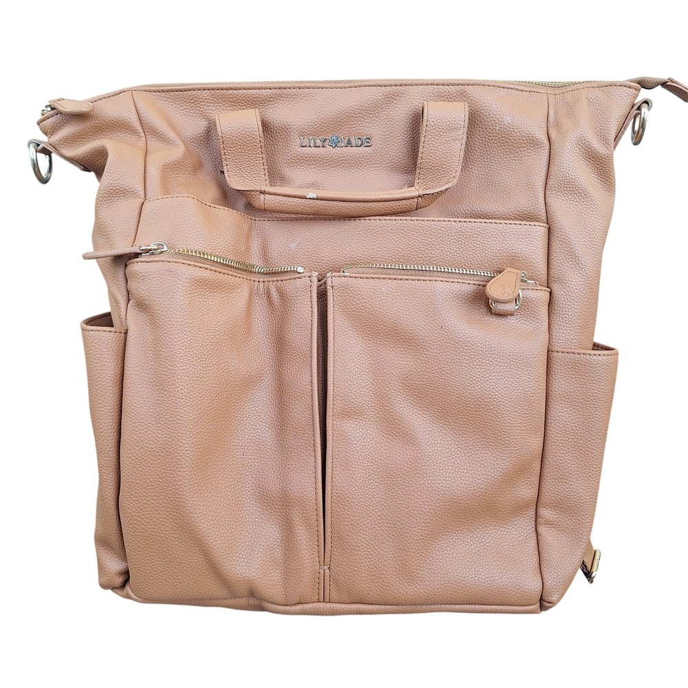Lily Jade Diaper Bag Backpack Faux Leather Multi Pocket Tan Gold Hardware